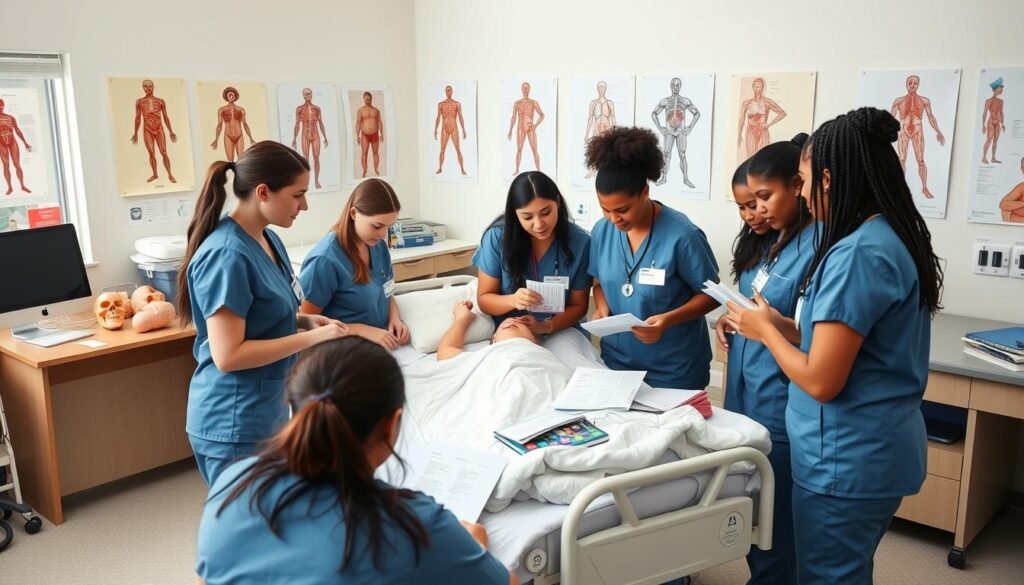 The layout of the GNM Couse nursing college classroom, surrounded by nurses.